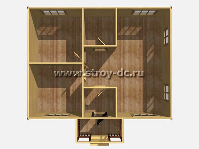 Каркасный дом, проект Д72, с террасой, двухскатной крышей, крыльцом и двумя спальнями, размером 8,5х9 метров, площадью 62 квадратных метра - фото проекта 1
