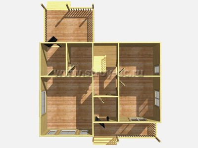 Дом из бруса, проект Д83, с террасой, многоскатной крышей и четырьмя спальнями, размером 9х10,5 метров, площадью 125,18 квадратных метров - фото проекта 1