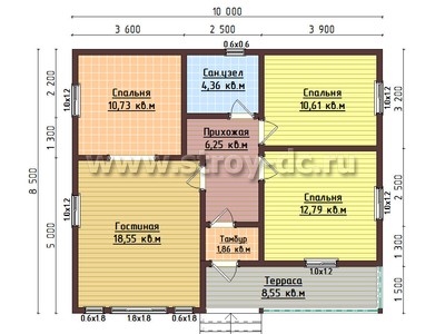 Каркасный дом, проект Д94, с террасой, многоскатной крышей, крыльцом и тремя спальнями, размером 8,5х10 метров, площадью 65,15 квадратных метров – планировка проекта 1