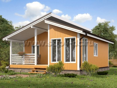 Каркасный дом, проект Д95, с террасой, двухскатной крышей, крыльцом и двумя спальнями, размером 8х8 метров, площадью 45,21 квадратных метров - фото проекта 1