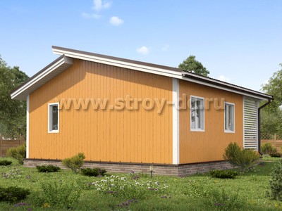 Каркасный дом, проект Д95, с террасой, двухскатной крышей, крыльцом и двумя спальнями, размером 8х8 метров, площадью 45,21 квадратных метров - фото проекта 3