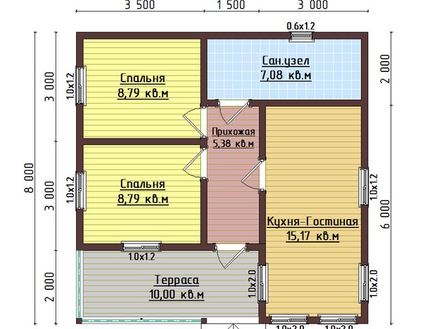 Каркасный дом, проект Д95, с террасой, двухскатной крышей, крыльцом и двумя спальнями, размером 8х8 метров, площадью 45,21 квадратных метров – планировка проекта 1