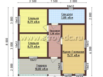 Каркасный дом, проект Д95, с террасой, двухскатной крышей, крыльцом и двумя спальнями, размером 8х8 метров, площадью 45,21 квадратных метров – планировка проекта 1