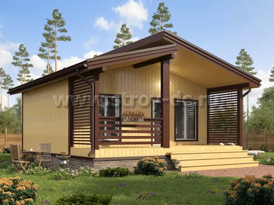 Каркасный дом, проект Д96, с террасой, двухскатной крышей и двумя спальнями, размером 7х8 метров, площадью 35,22 квадратных метров - фото проекта 1