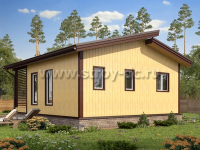 Каркасный дом, проект Д96, с террасой, двухскатной крышей и двумя спальнями, размером 7х8 метров, площадью 35,22 квадратных метров - фото проекта 2