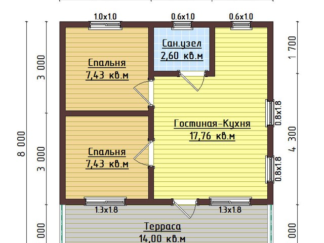 Каркасный дом, проект Д96, с террасой, двухскатной крышей и двумя спальнями, размером 7х8 метров, площадью 35,22 квадратных метров – планировка проекта 1