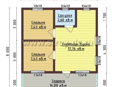 Каркасный дом, проект Д96, с террасой, двухскатной крышей и двумя спальнями, размером 7х8 метров, площадью 35,22 квадратных метров – планировка проекта 1